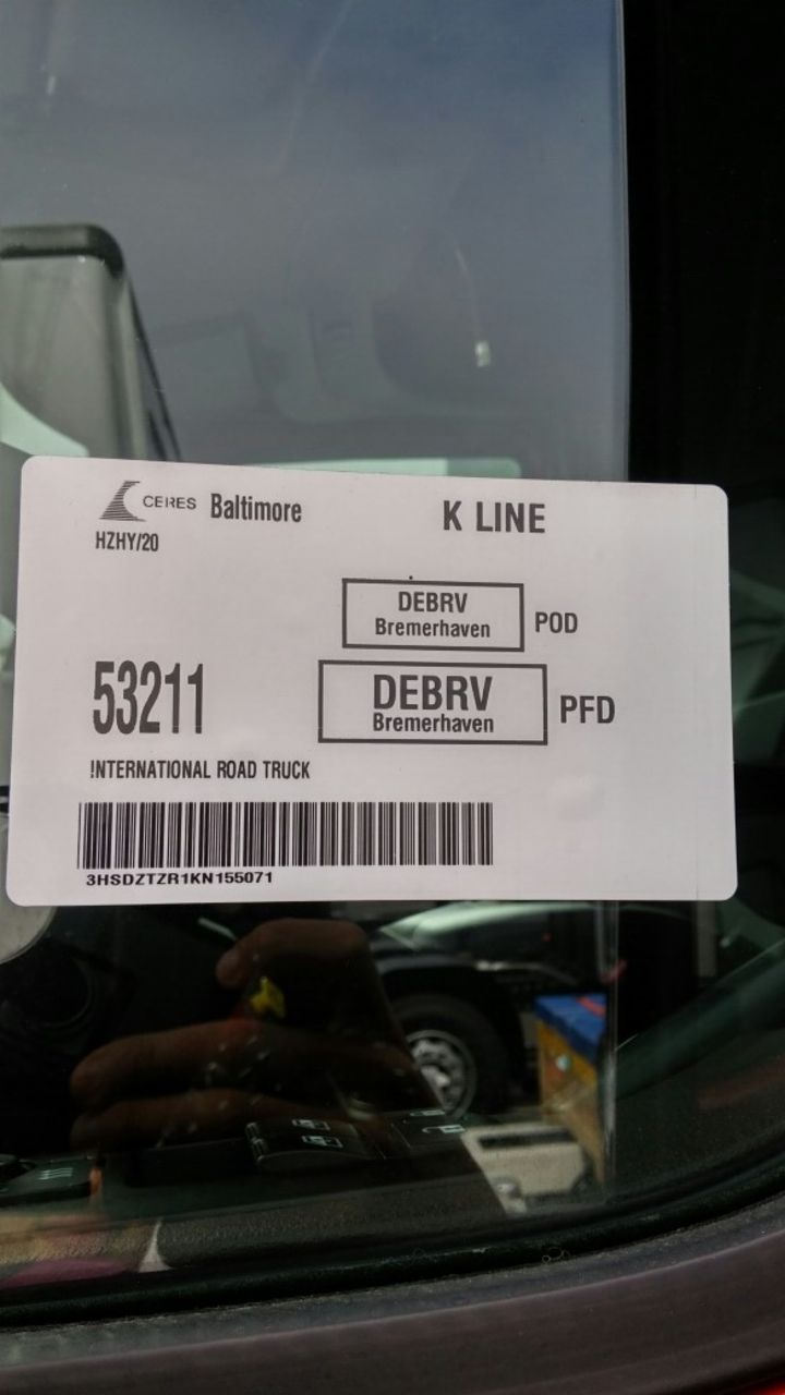 LT Truck of International Barcode on a window of an LT truck from International