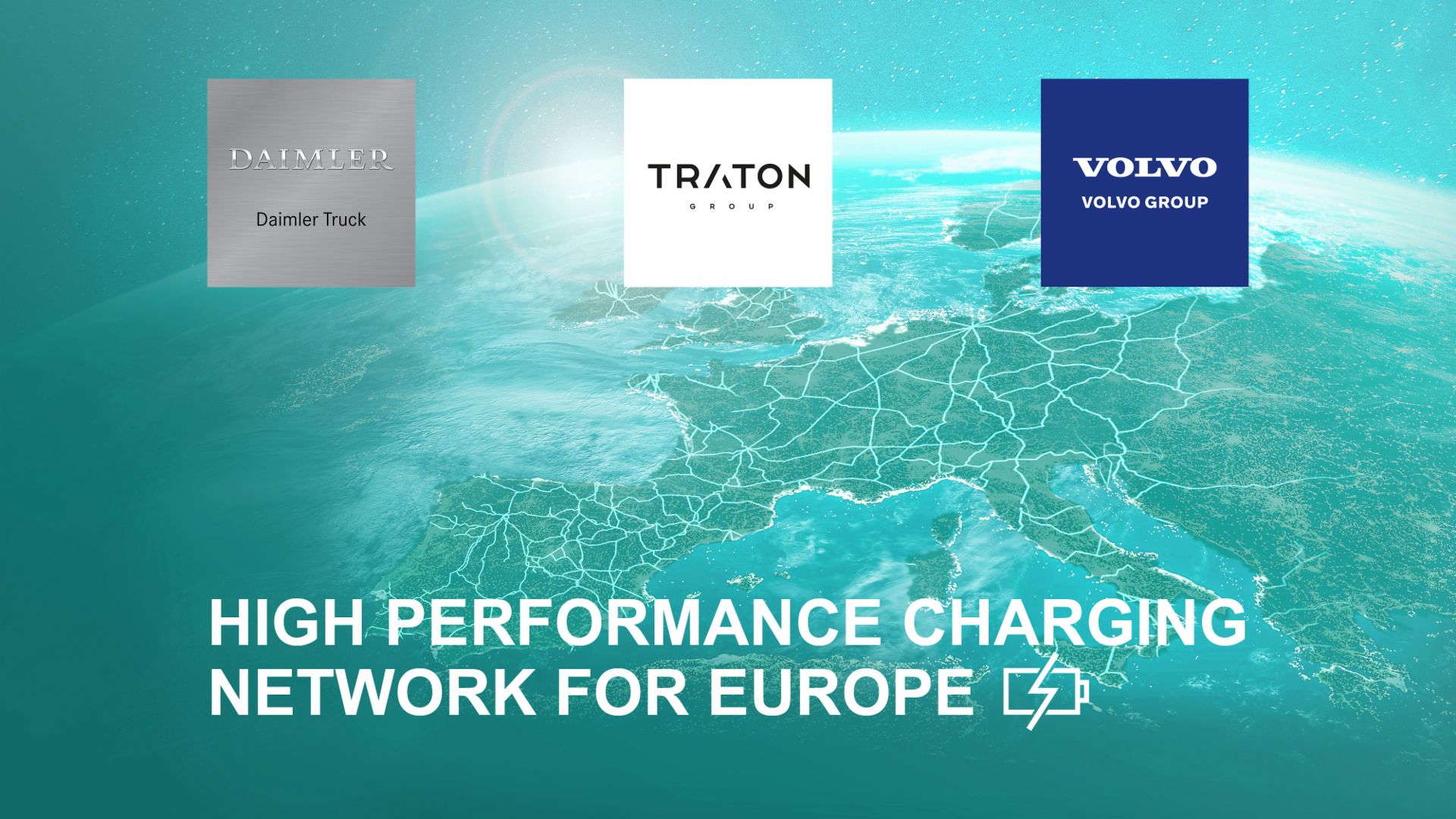 Image for the press release on 2021-07-05 with the logos of TRATON GROUP, Daimler Truck and Volvo Group 