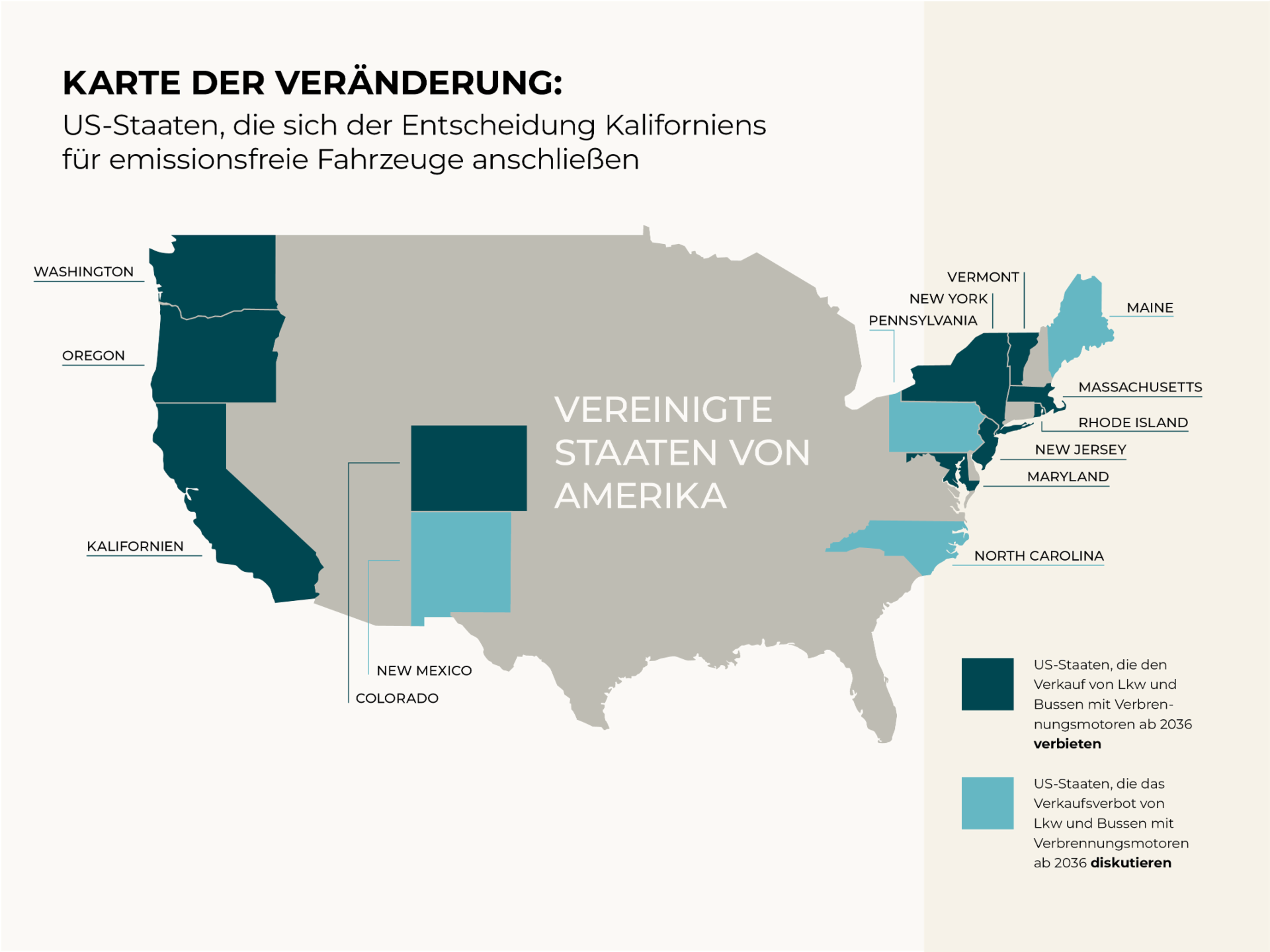 Karte der Veränderung Überblick über die US-Bundesstaaten, die der kalifornischen Richtlinie für emissionsfreie Fahrzeuge folgen