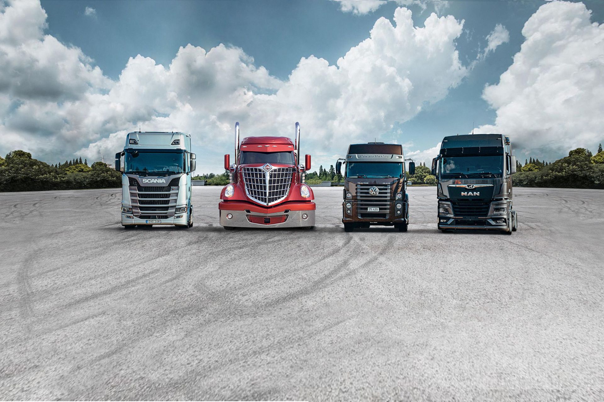 Bild der LKW Marken der TRATON GROUP: Scania, Navistar, VWCO, MAN