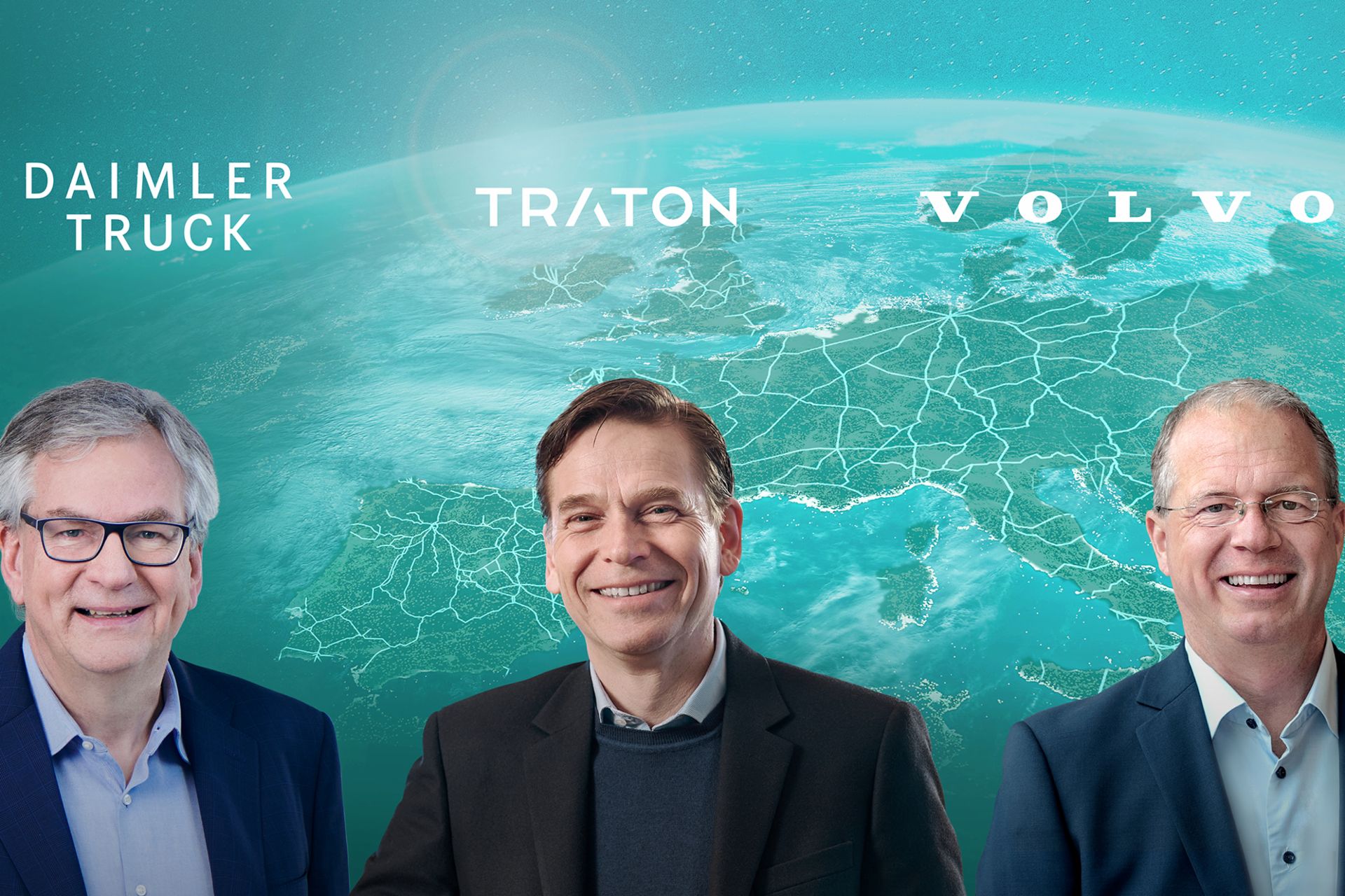 Bild von Christian Levin, CEO TRATON GROUP, Martin Daum, CEO Daimler Truck und Martin Lundstedt, Präsident und CEO Volvo Group.