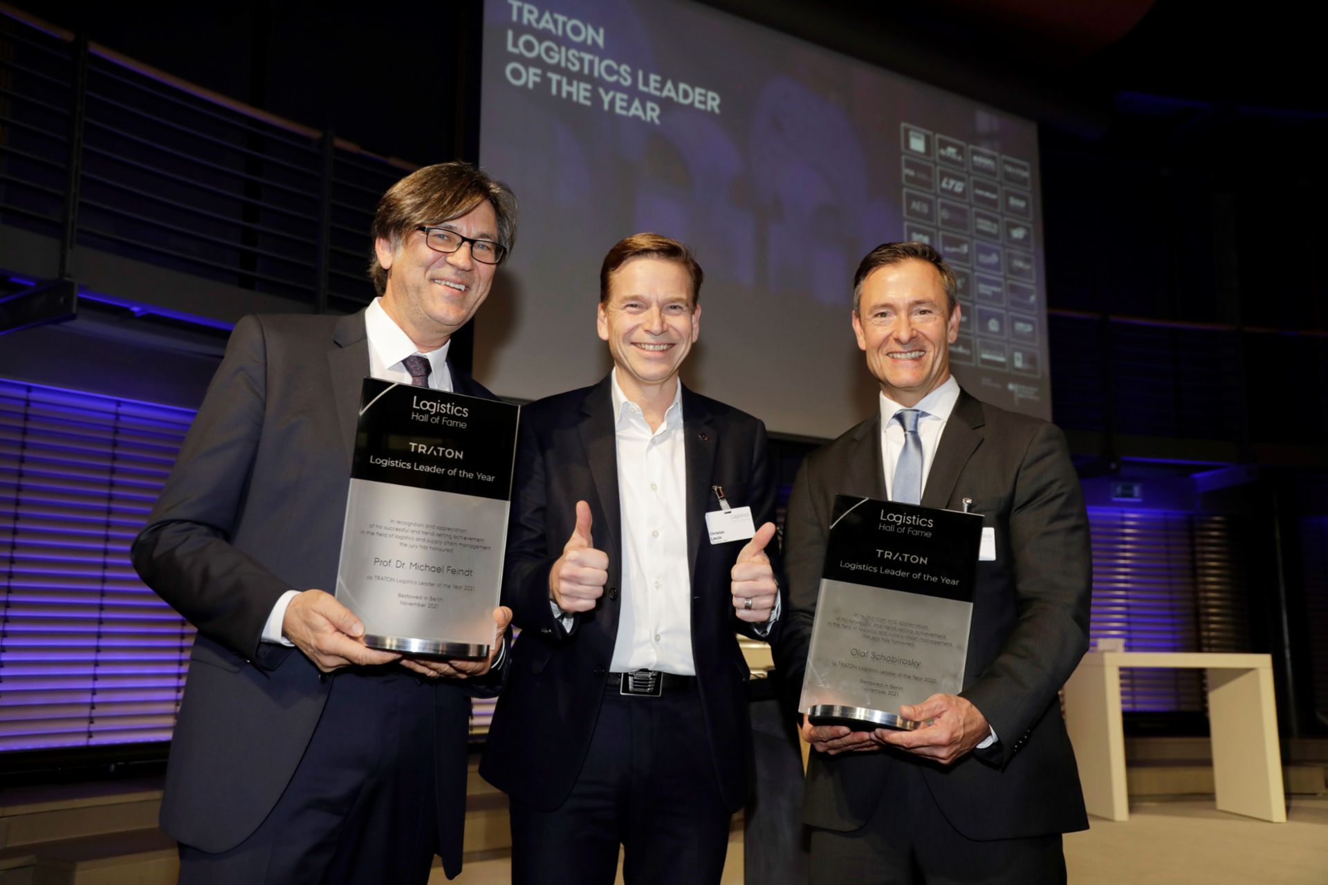 Bild von TRATON GROUP CEO Christian Levin, Olaf Schabirosky (CEO von Hermes Germany) und Prof. Dr. Michael Feindt (Mitbegründer von Blue Yonder)