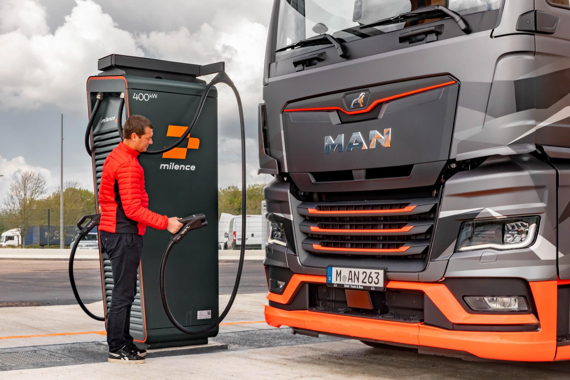 Ein MAN-LKW wird an einer Milence-Ladestation geladen, wobei eine Person das Ladekabel bedient. 