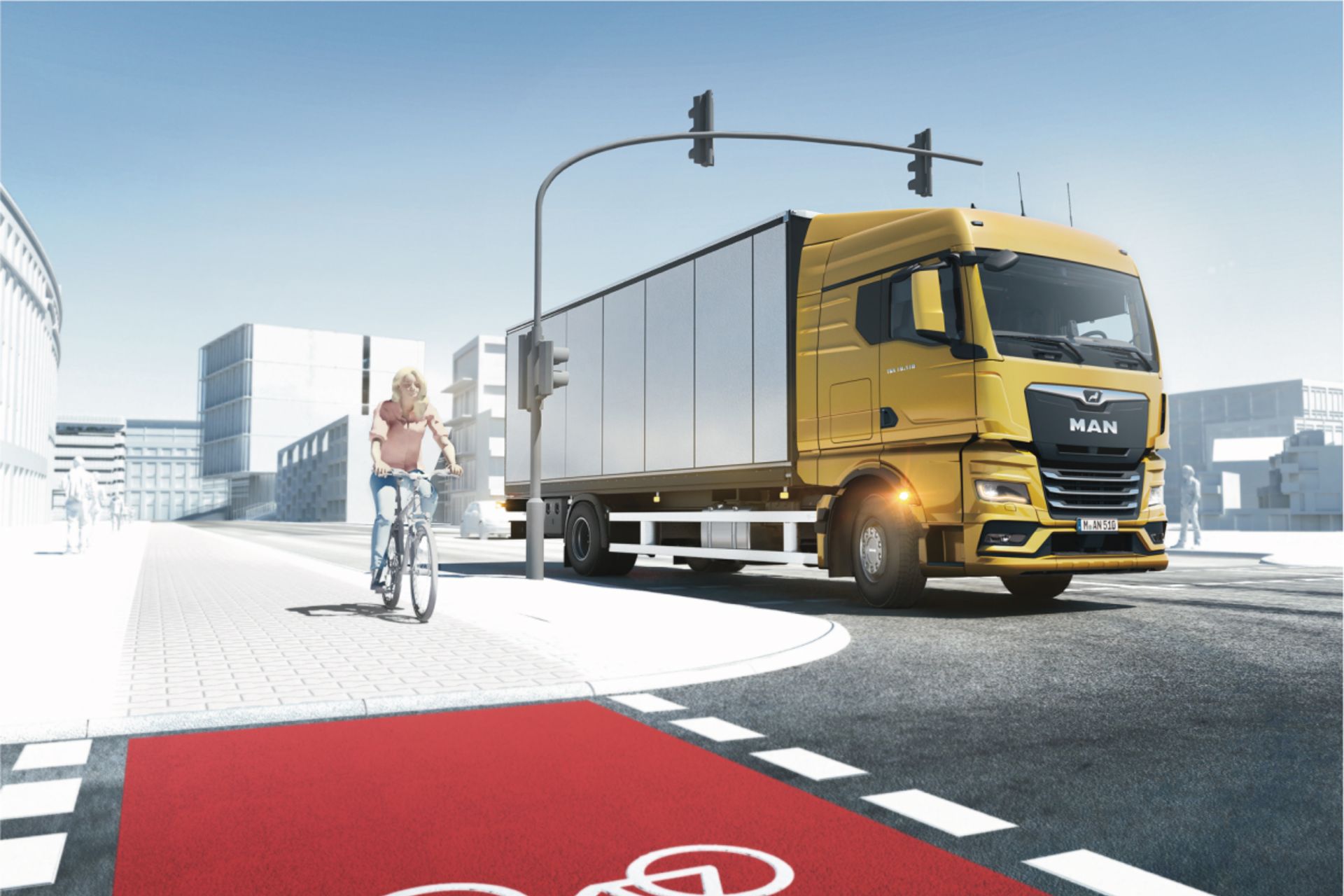 MAN Truck MAN truck drives next to bicycle lane
