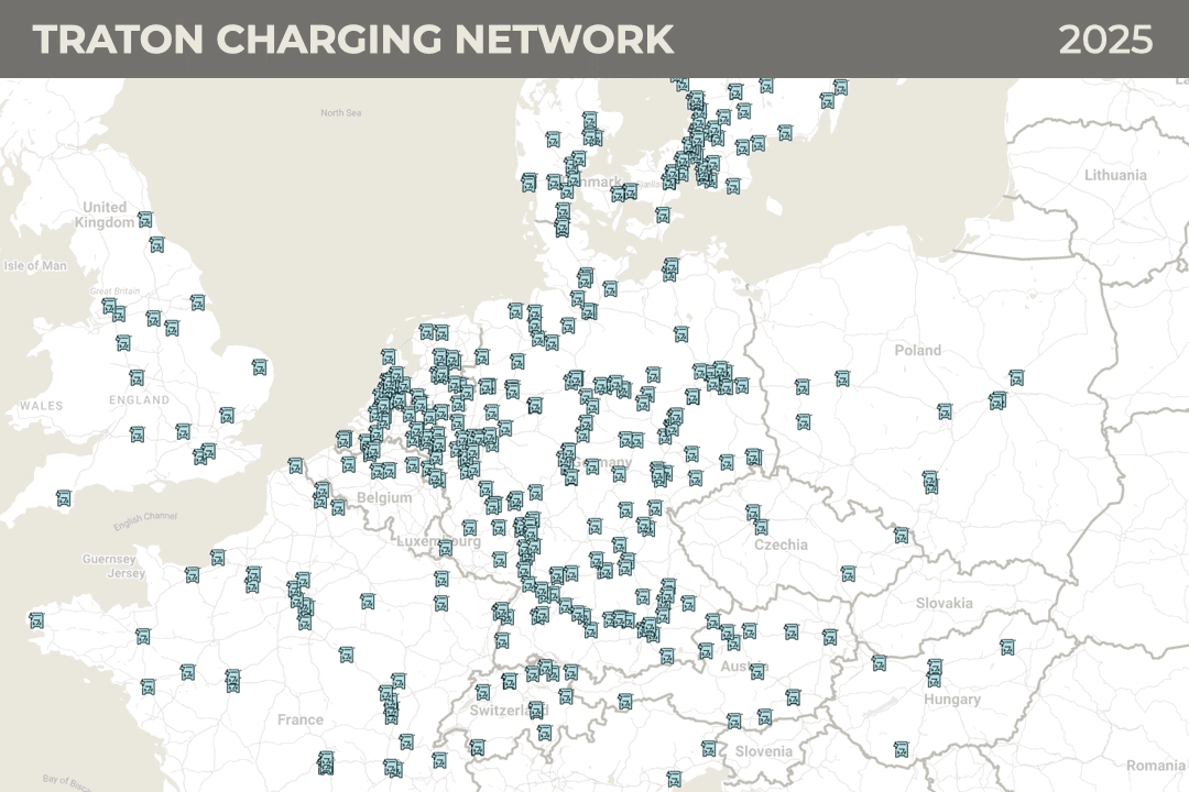 Karte, die das geplante Netzwerk von TRATON Charging Solutions in Europa bis 2030 zeigt, mit zahlreichen markierten Ladestationen